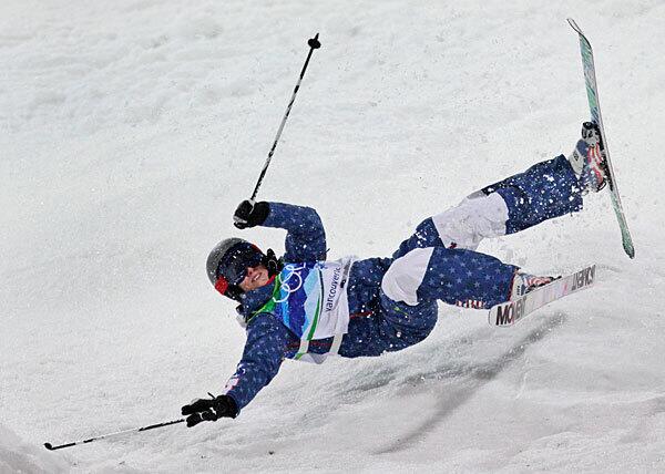 Heather McPhie of the United States falls during her final run in the women's moguls at the Winter Olympics in Vancouver, Canada, on Saturday.