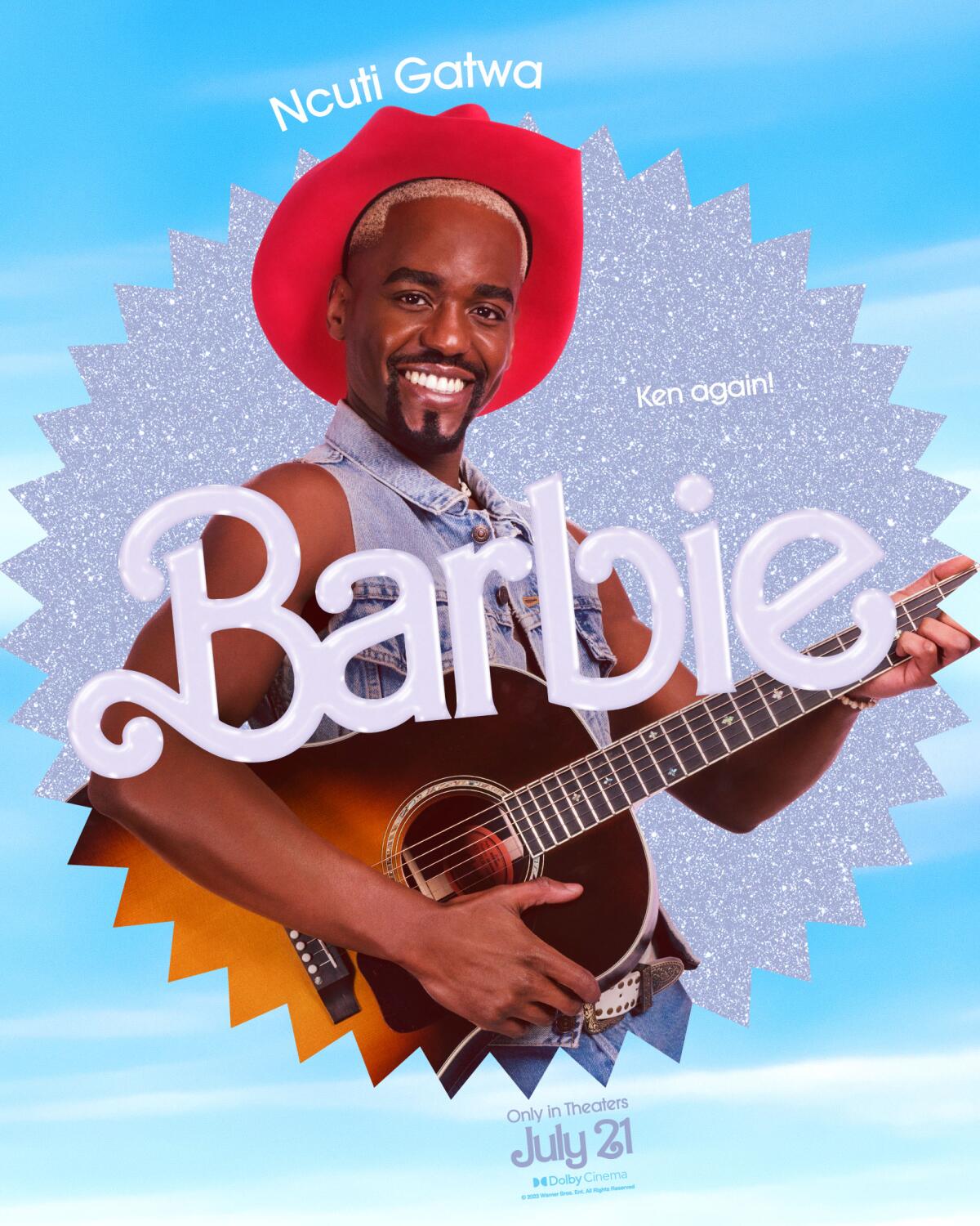 Ncuti Gatwa smiles and holds an acoustic guitar in a "Barbie" movie poster. He wears a red cowboy hat and denim vest.