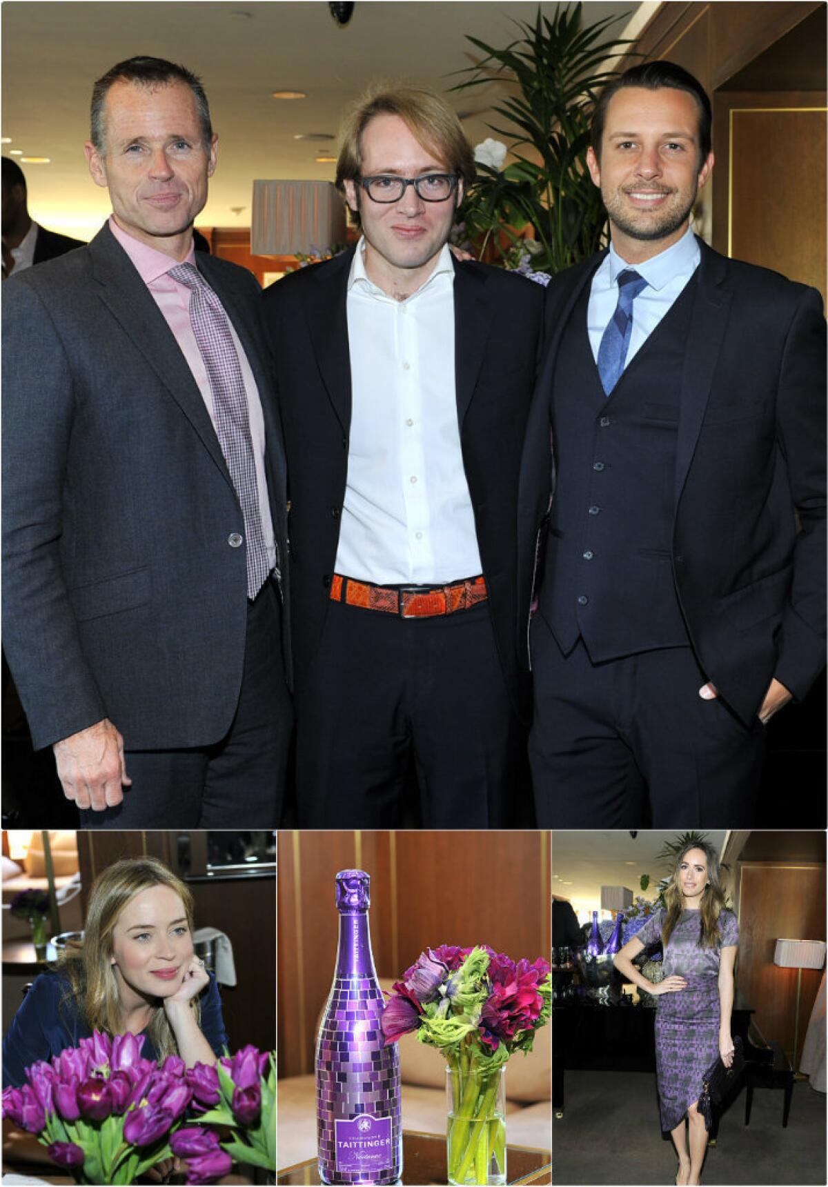 In top photo, from left, are the hosts of Friday's Champagne luncheon: Chris Andrews, Clovis Taittinger and Gary Mantoosh. Proceeding clockwise are fashion journalist Louise Roe; a purple-tiled bottle of Champagne Taittinger Nocturne; and actress Emily Blunt.