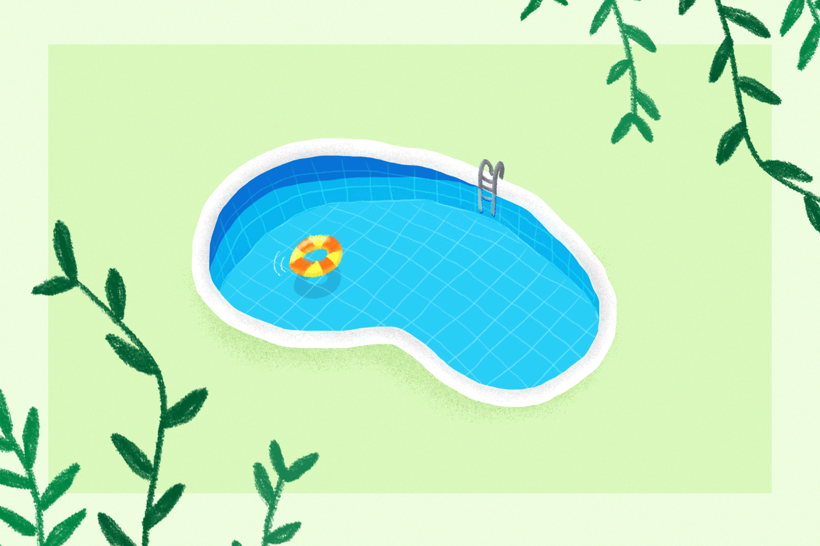 Animation of a floatation ring floating in a kidney-shaped swimming pool.
