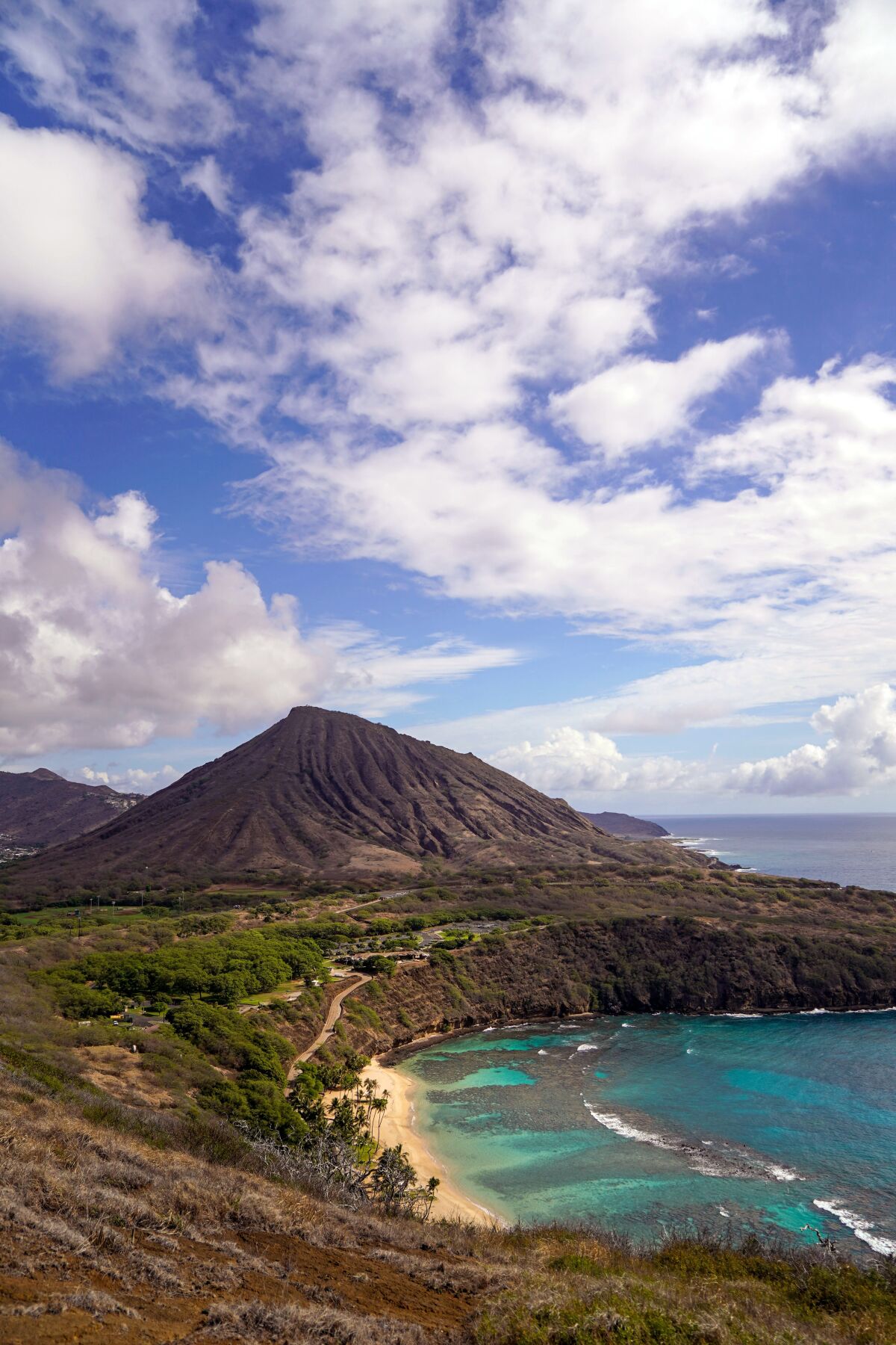 Hanauma Bay with Koko Head in the background from a hiking trail overlooking the popular nature preserve.