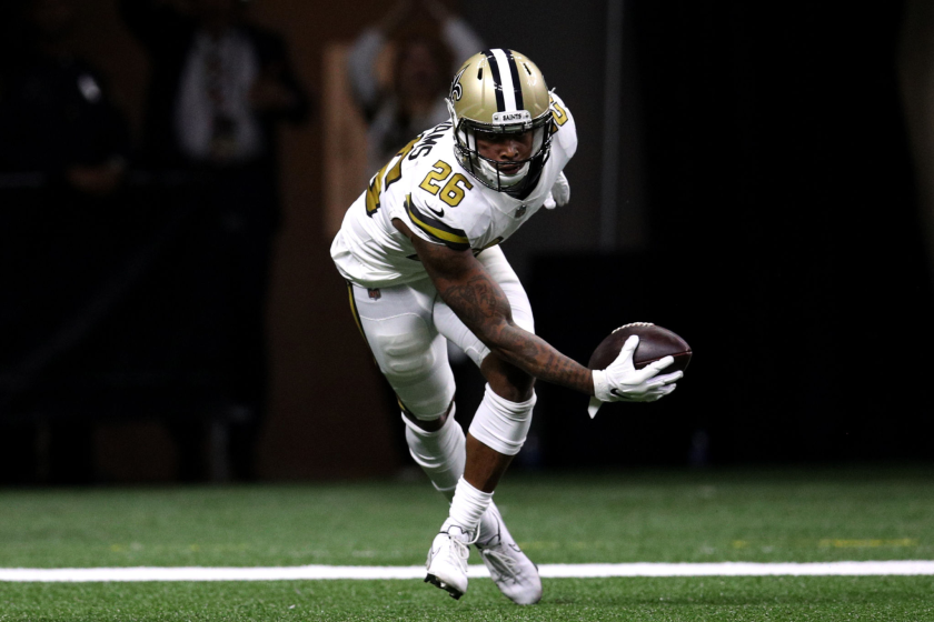 NEW ORLEANS, LOUISIANA - OCTOBER 31: P.J. Williams #26 of the New Orleans Saints intercepts a pass.