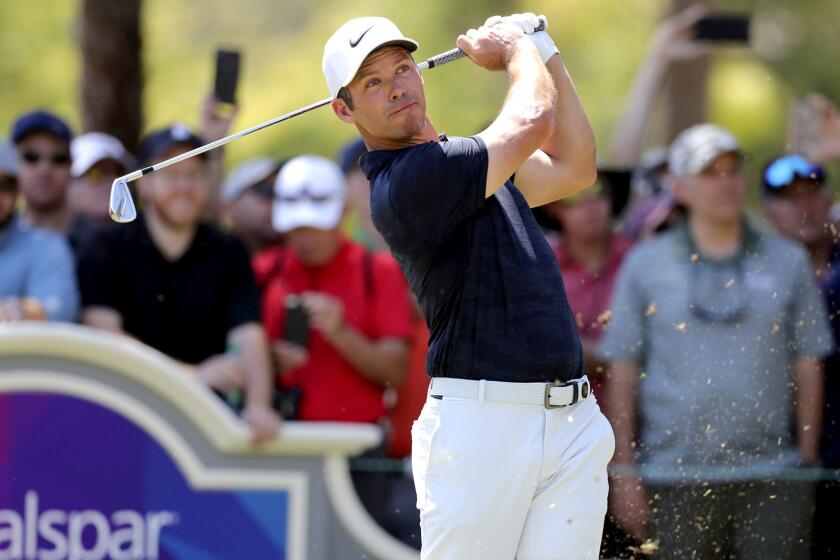 Paul Casey tees off on the second hole during the final round of the Valspar Championship golf tournament Sunday, March 24, 2019, in Palm Harbor, Fla. (AP Photo/Mike Carlson)