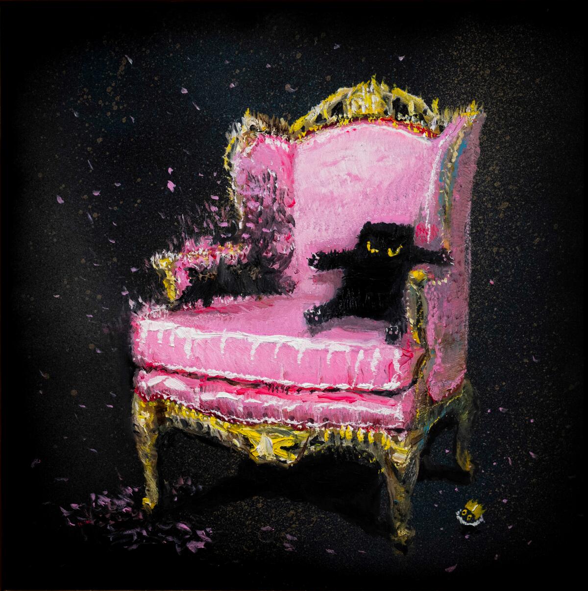 A painting by Vanessa Stockard shows a black cat seated like a person in a pink club chair.