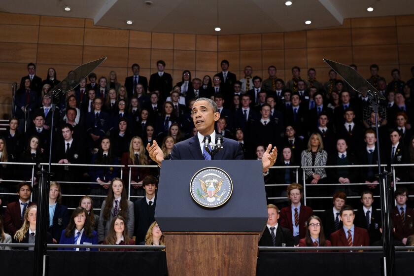 President Barack Obama speaks during a G8 event at the Belfast Water Front in Belfast, Northern Ireland.