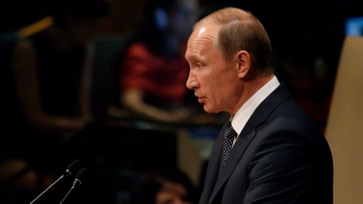 Russian President Vladimir Putin addresses the United Nations General Assembly in 2015. Putin's interference in the 2016 U.S. election has been the center of a crisis in relations between the two countries.