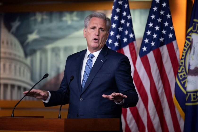 Mandatory Credit: Photo by MICHAEL REYNOLDS/EPA-EFE/REX (10425186h) House Minority Leader Republican Kevin McCarthy holds a news conference during which he criticized US Speaker of the House Democrat Nancy Pelosi for initiating an impeachment inquiry into US President Donald J. Trump, on Capitol Hill in Washington, DC, USA, 26 September 2019. Speaker of the House Nancy Pelosi initiated an impeachment inquiry against the president following the whistleblower complaint over his dealings with Ukraine. House Minority Leader Republican Kevin McCarthy holds a news conference, Washington, USA - 26 Sep 2019 ** Usable by LA, CT and MoD ONLY **