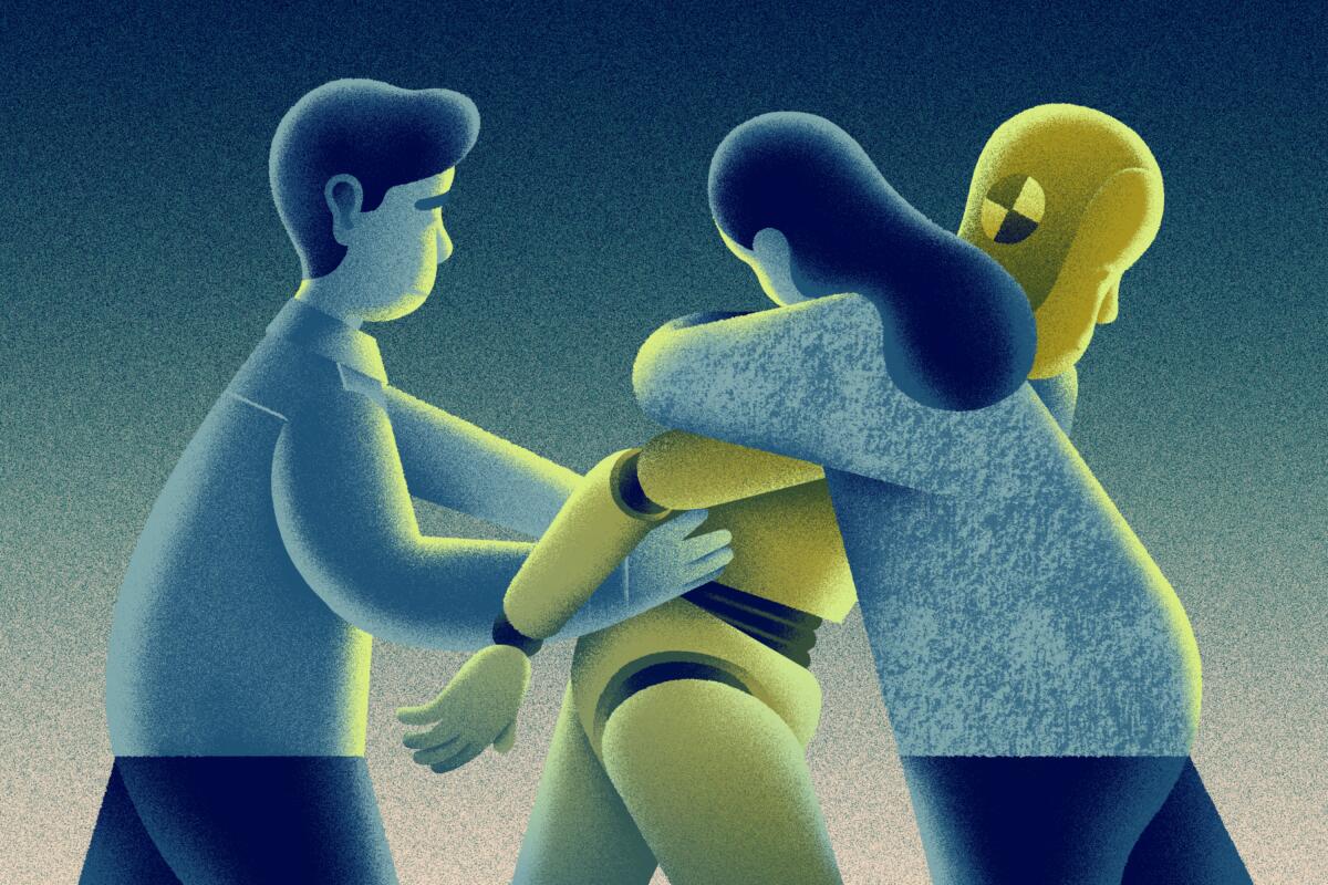 An illustration of one human offering a crash-test dummy in place of themself when hugging another human.