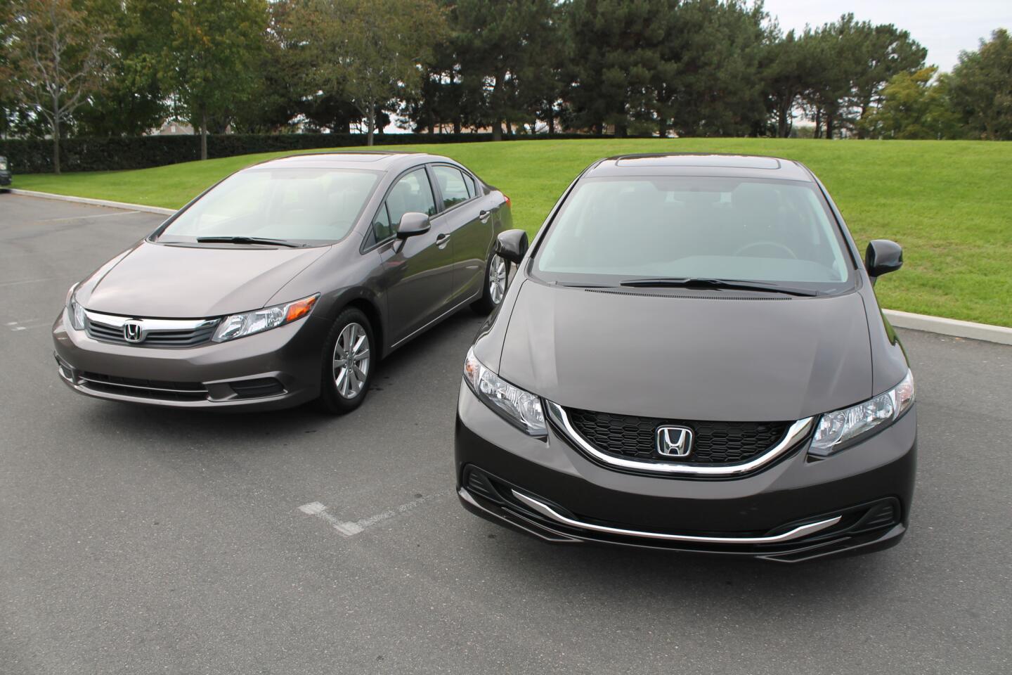 The 2012 Honda Civic, left, is next to the updated 2013 version at Honda's U.S. headquarters in Torrance.