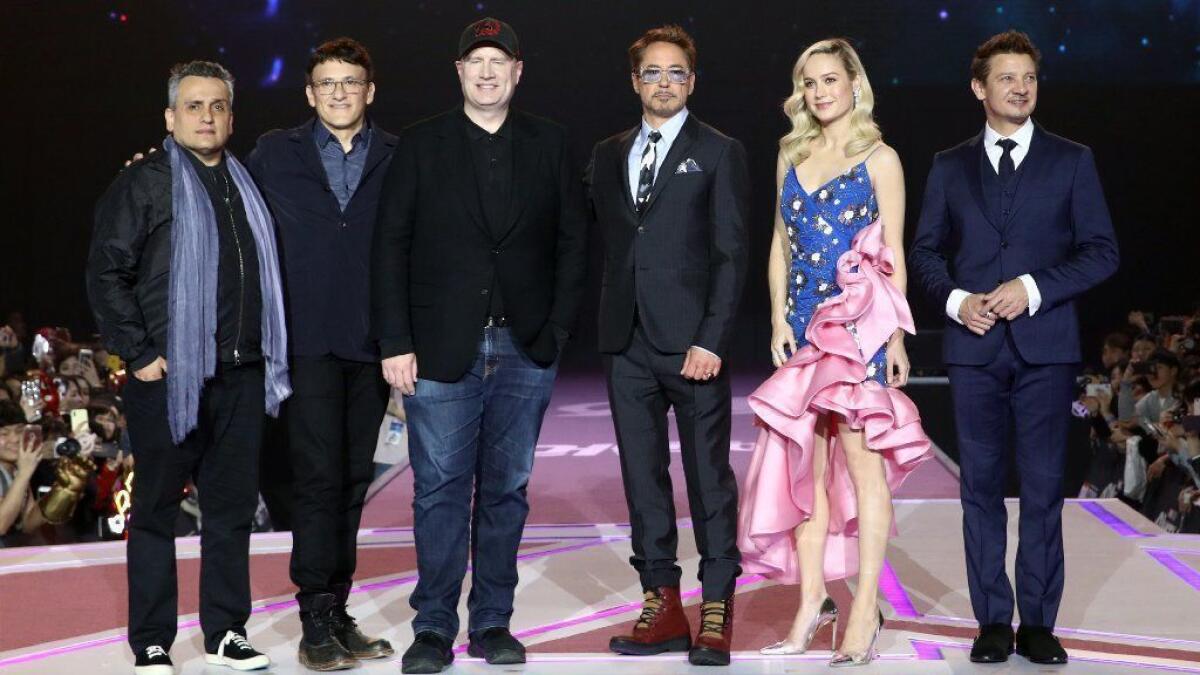 From left, "Avengers: Endgame" directors Joe Russo and Anthony Russo, producer Kevin Feige and actors Robert Downey Jr., Brie Larson and Jeremy Renner attend an event in Seoul.