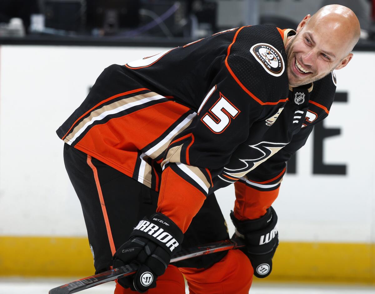  Ryan Getzlaf #15 of the Anaheim Ducks smiles during warm-ups prior to the game against the Los Angeles Kings in April 2019.