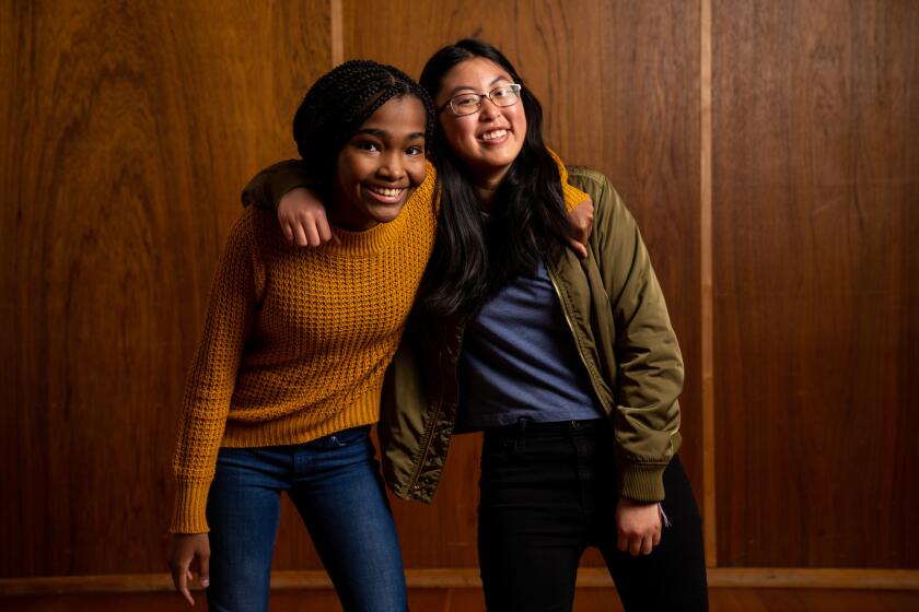 LOS ANGELES, CALIF. - JANUARY 08: Rosdely Ciprian and Jocelyn Shek pose for portrait at the Center Theater Group Annex building on Wednesday, Jan. 8, 2020 in Los Angeles, Calif. The Tony nominated play, Heidi Schreck’s “What The Constitution Means to Me,” makes its L.A. debut on the 12th. (Kent Nishimura / Los Angeles Times)