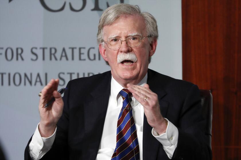 FILE - In this Sept. 30, 2019, file photo, former national security adviser John Bolton gestures while speakings at the Center for Strategic and International Studies in Washington. (AP Photo/Pablo Martinez Monsivais, File)