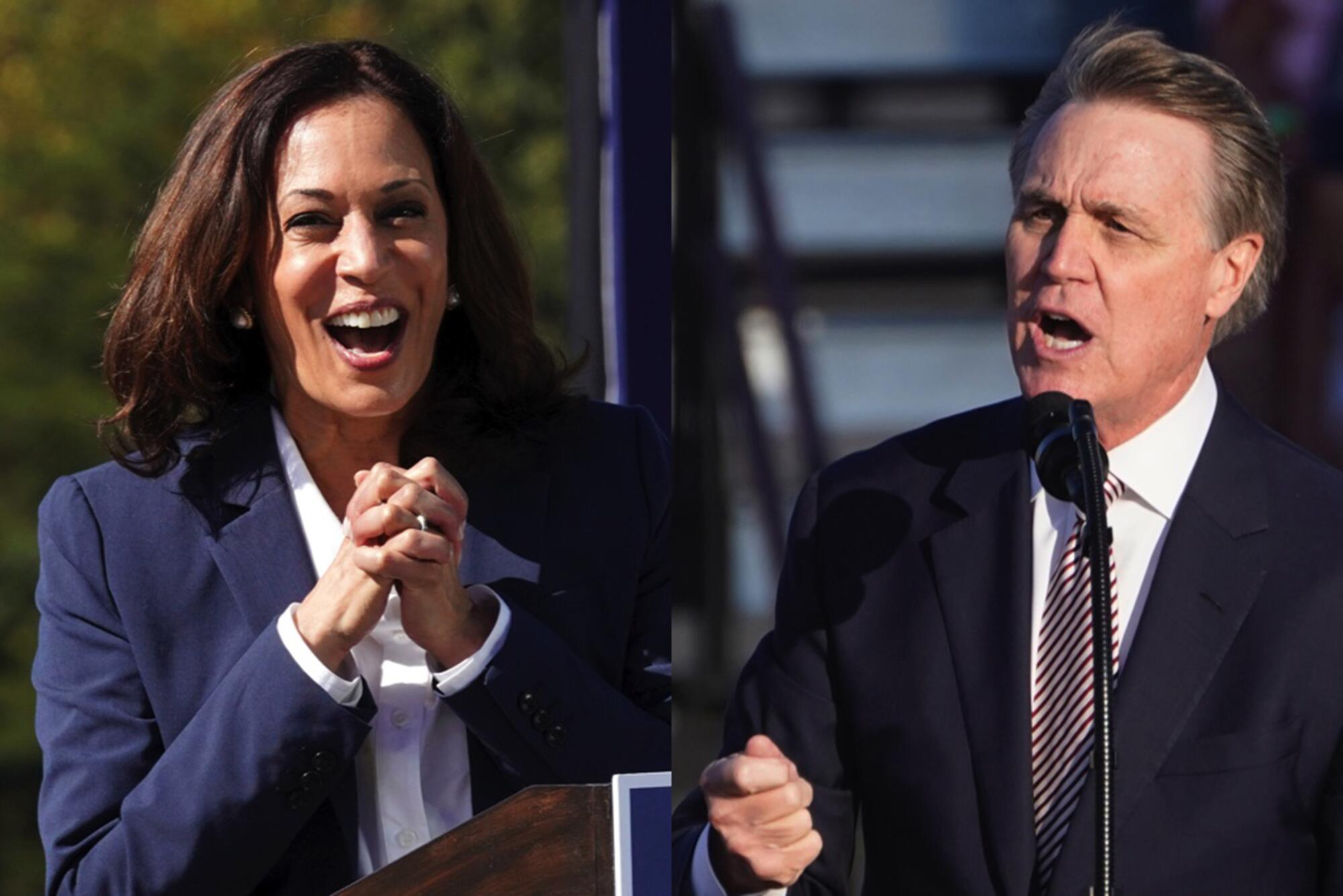 Side by side photos of Kamala Harris and David Purdue.