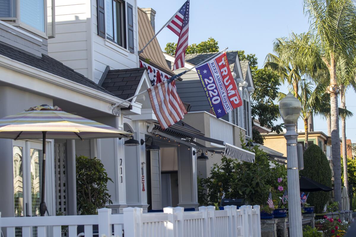 A home on Balboa Island features a President Trump 2020 flag.