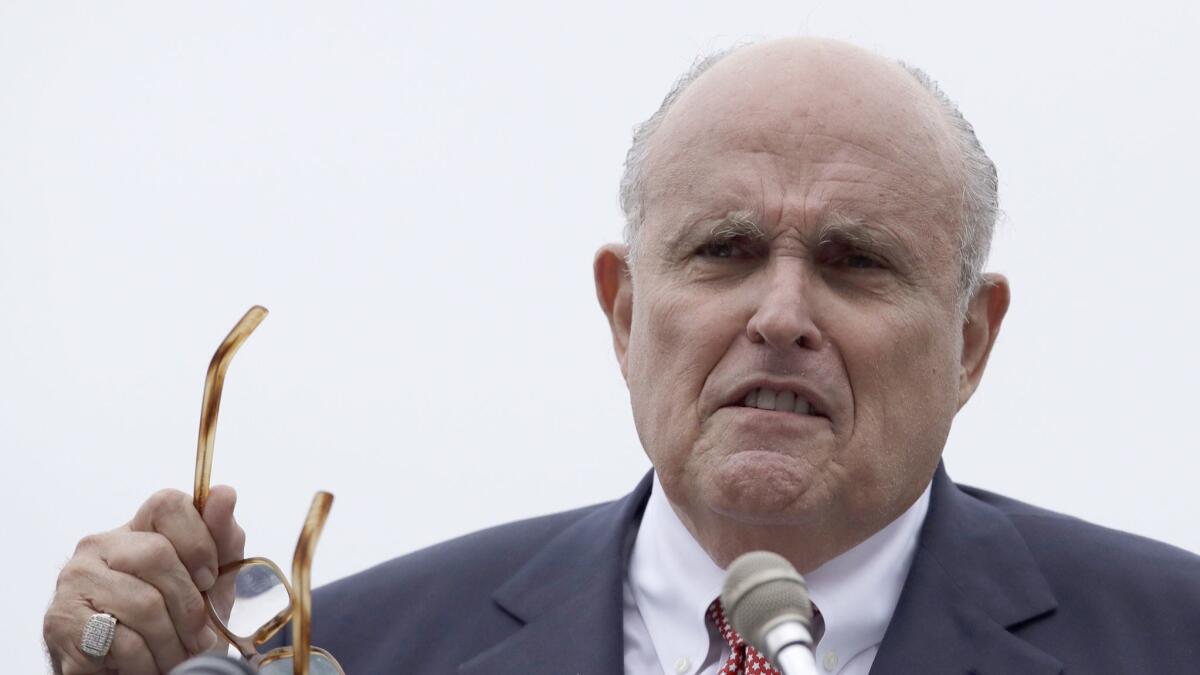 Rudolph W. Giuliani, an attorney for President Trump, speaks during campaign event for Eddie Edwards, who is running for Congress in New Hampshire, in Portsmouth, N.H., on Aug. 1, 2018.