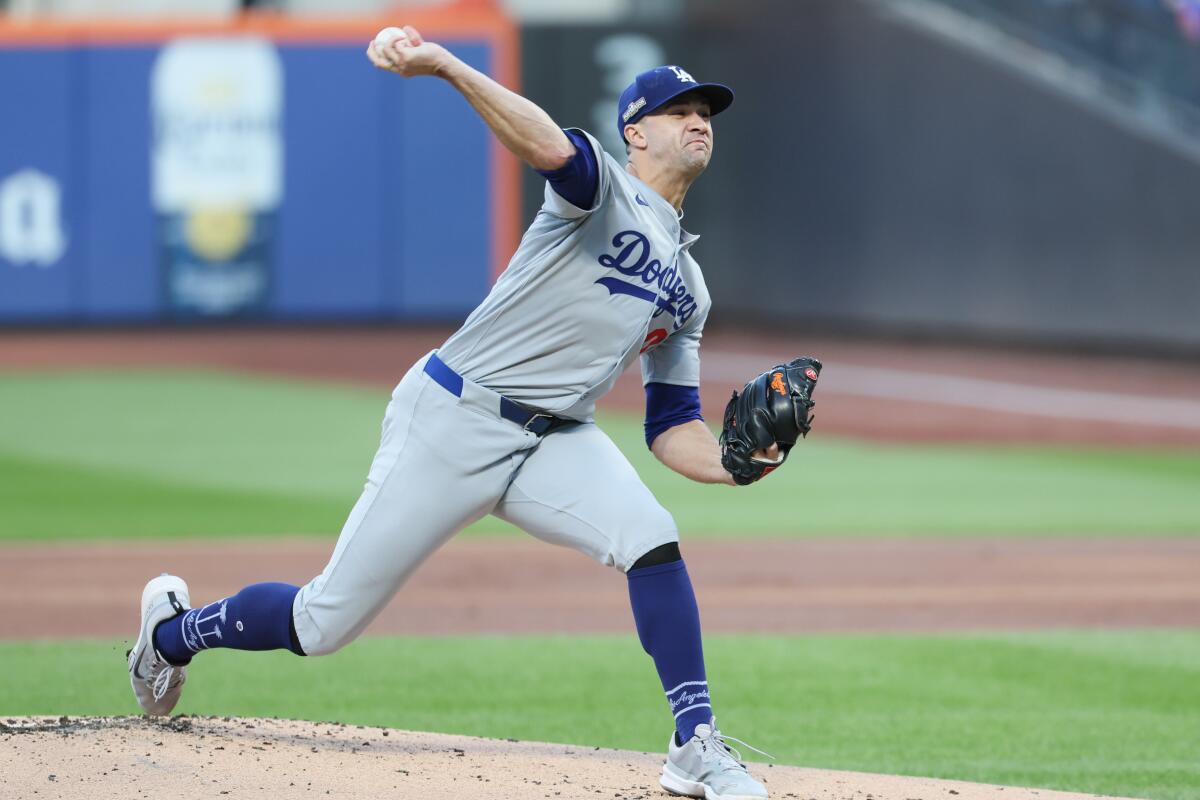 Dodgers pitcher Jack Flaherty delivers during Game 5 of the NLCS against the Mets on Friday.