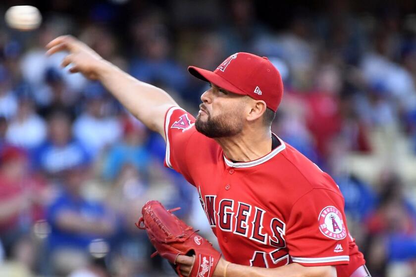 LOS ANGELES, CALIFORNIA JUNE 26, 2017-Angels pitcher Ricky Nolasco throws a pitch against the Dogers in the 1st inning at Dodger Stadium Monday. (Wally Skalij/Los Angeles Times)