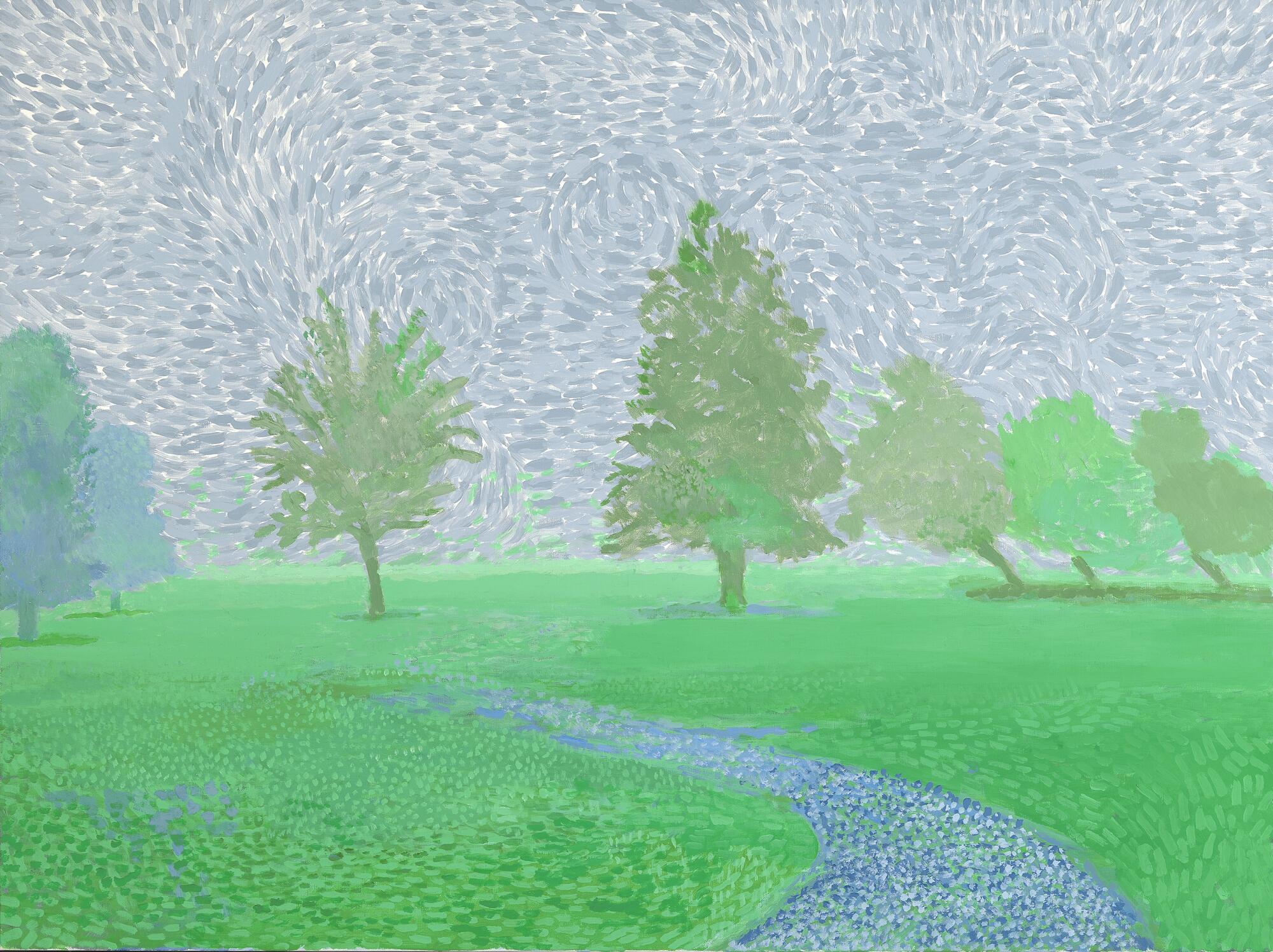 A Hockney work shows a green field with trees in the mist.