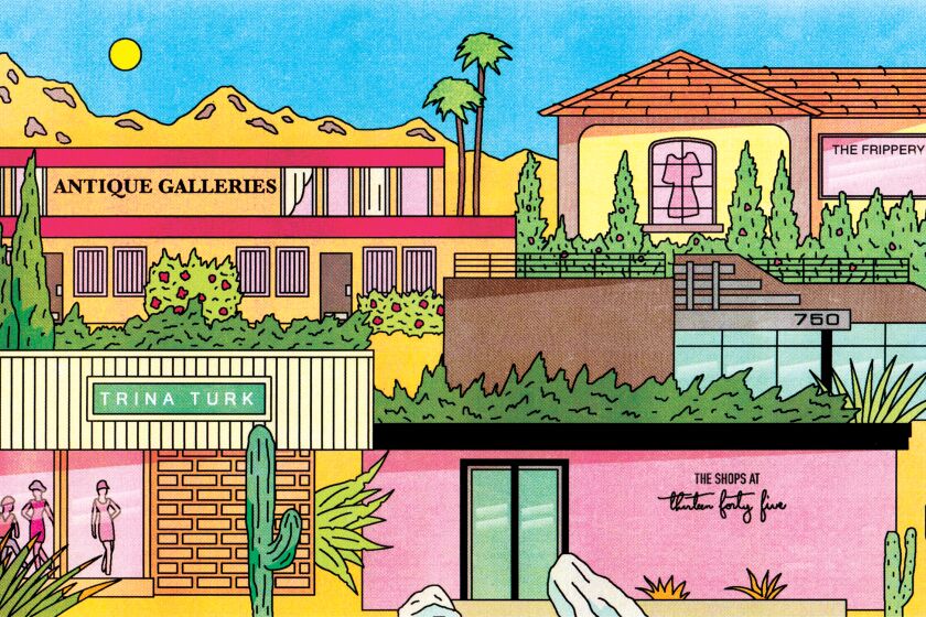 Illustration of exterior of multilevel shops in Palm Springs with desert flora like palm trees, cacti and bushes