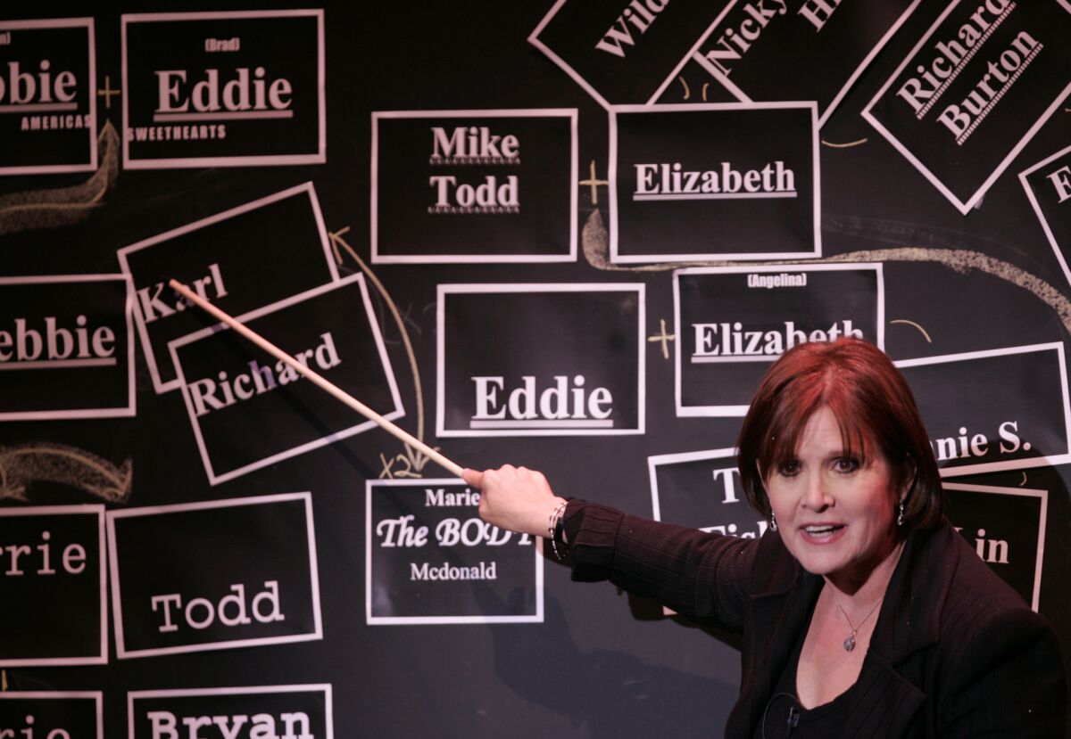 Carrie Fisher stars in her one-woman autobiographical show, "Wishful Drinking," at the Geffen Playhouse in Westwood on Nov. 4, 2006.