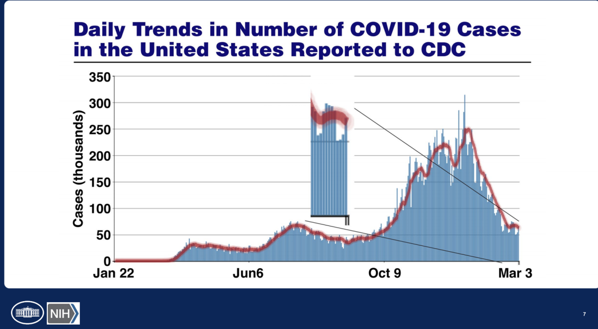 Slide showing daily coronavirus cases in U.S.