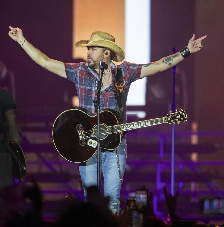 INDIO, CALIF. -- SUNDAY, APRIL 28, 2019: Sunday?s headliner Jason Aldean performs on the final day of the three-day 2019 Stagecoach Country Music Festival, the world?s biggest country music festival, at the Empire Polo Fields in Indio, Calif., on April 28, 2019. Stagecoach fans have the chance to watch some 75 performers and DJs over three days. (Allen J. Schaben / Los Angeles Times)