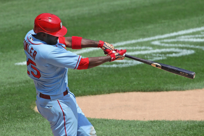 CHICAGO, ILLINOIS - AUGUST 15: Dexter Fowler #25 of the St. Louis Cardinals bats.
