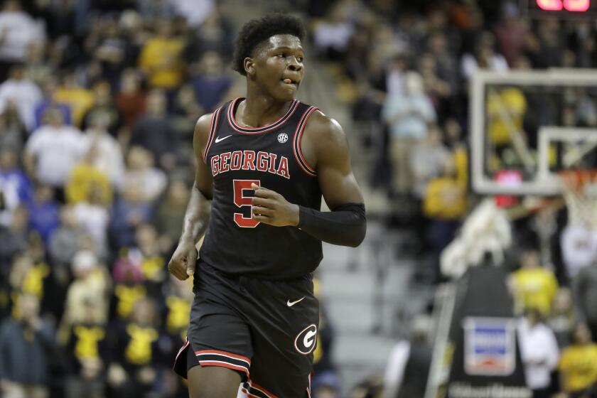 Georgia's Anthony Edwards jogs down the court during the first half of an NCAA college basketball game against Missouri Tuesday, Jan. 28, 2020, in Columbia, Mo. (AP Photo/Jeff Roberson)