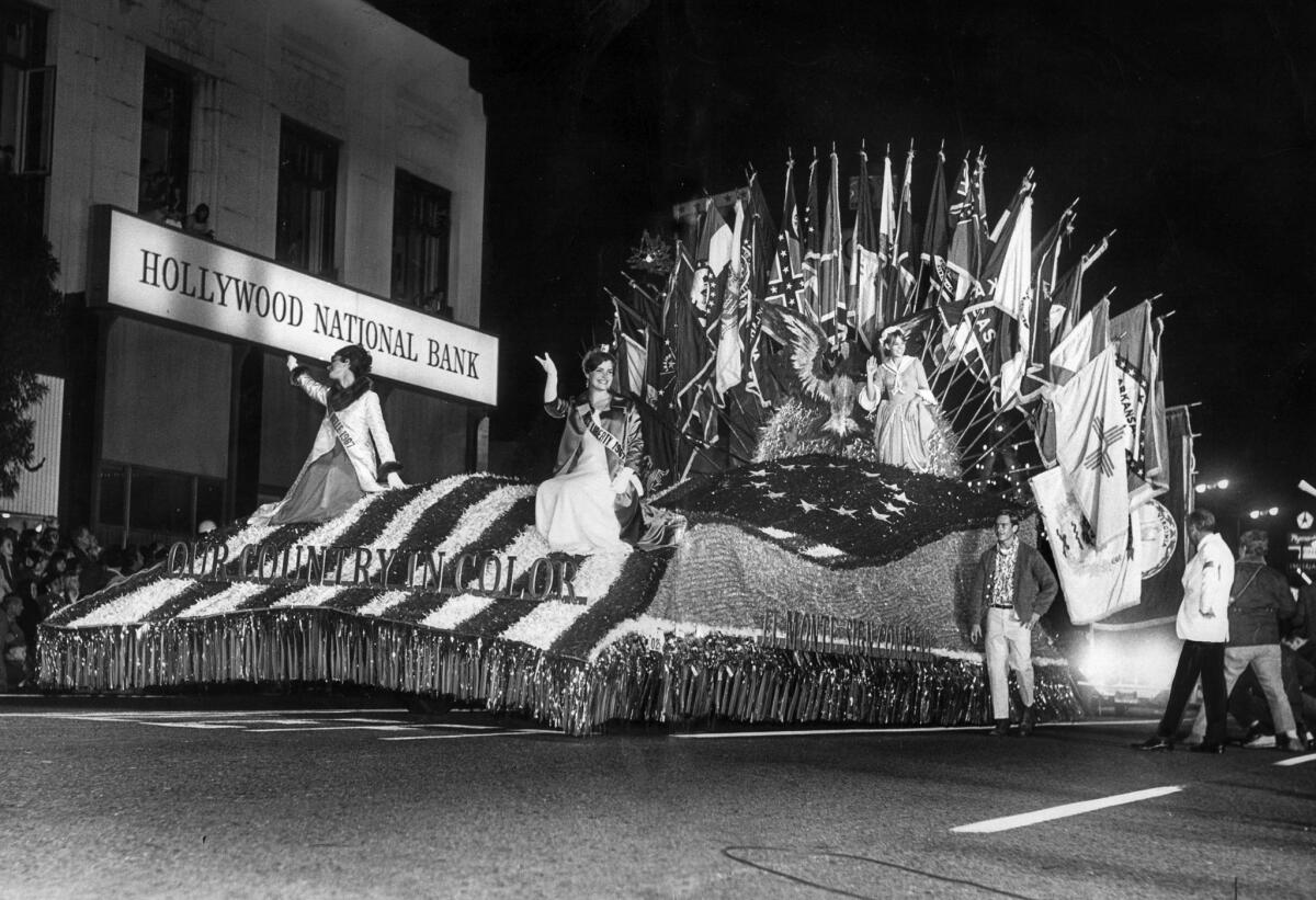 Nov. 22, 1967: The Our Country in Color float, sponsored by the El Monte Sign Company, rolls down the street in the Hollywood Santa Claus Lane Parade.