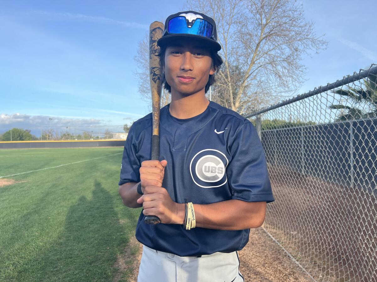 Adam Magpoc, a Filipino American standout at Loyola High, poses for a photo with bat in hand.