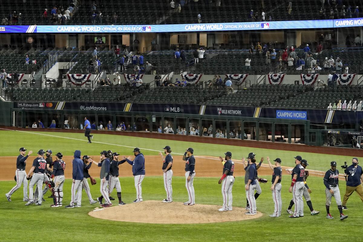 The Atlanta Braves celebrate their win over the Dodgers in Game 2 of the NLCS.