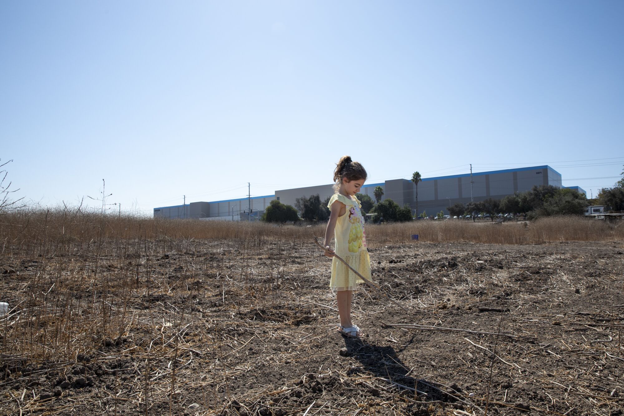 Alina Jimenez Gutierrez, 7, plays with a stick in a pasture that faces a newly constructed