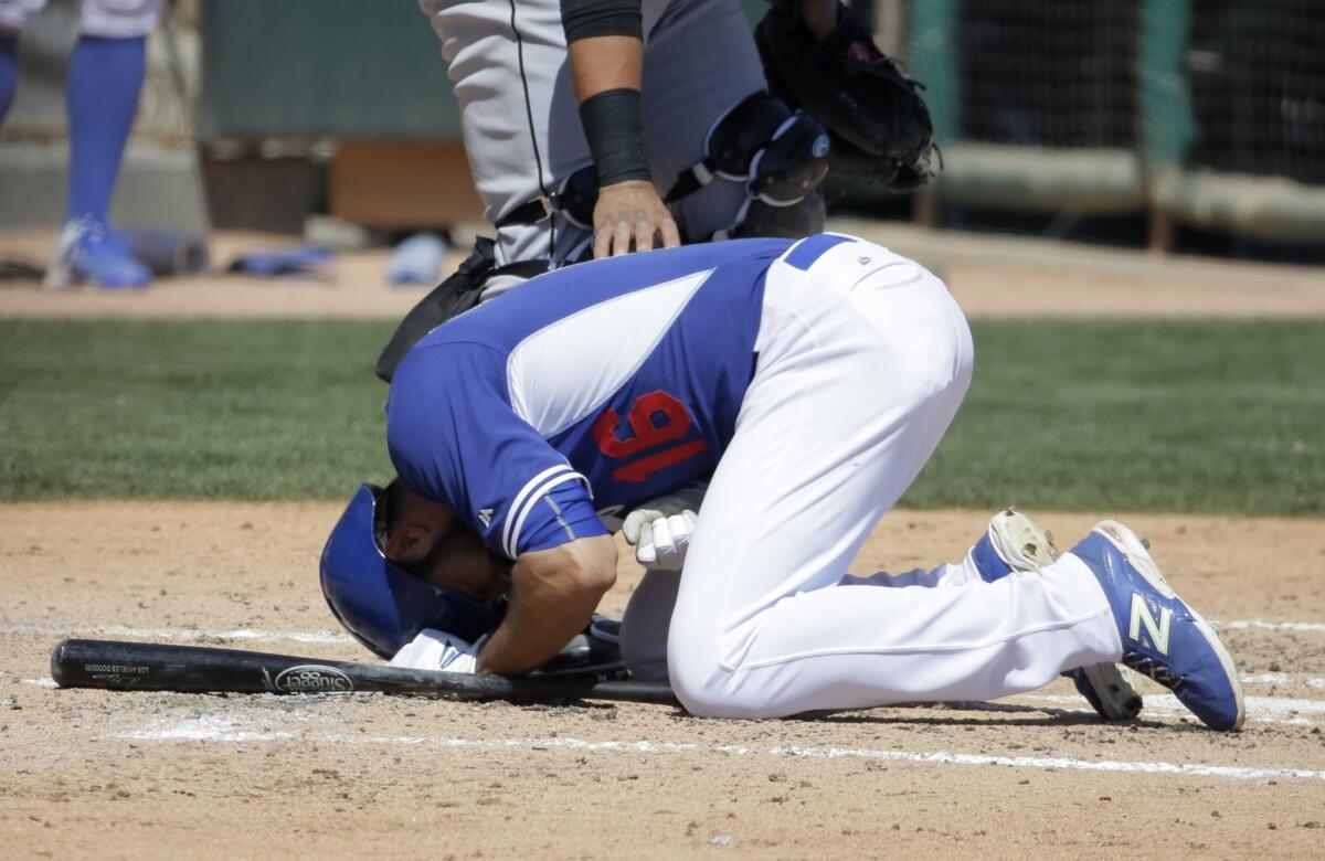 Dodgers center fielder Andre Ethier is hit by a pitch during the third inning of a game Tuesday against the Chicago White Sox. The Dodgers lost to the White Sox, 2-1.