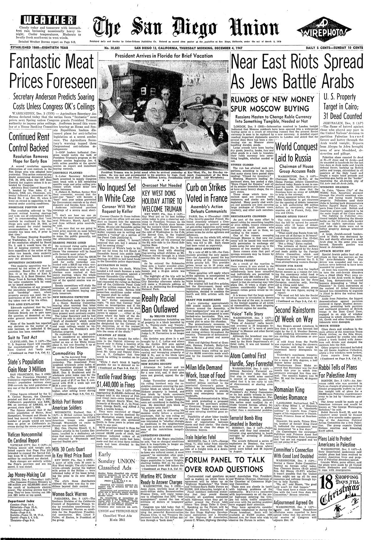 Front page of The San Diego Union, Dec. 4, 1947.