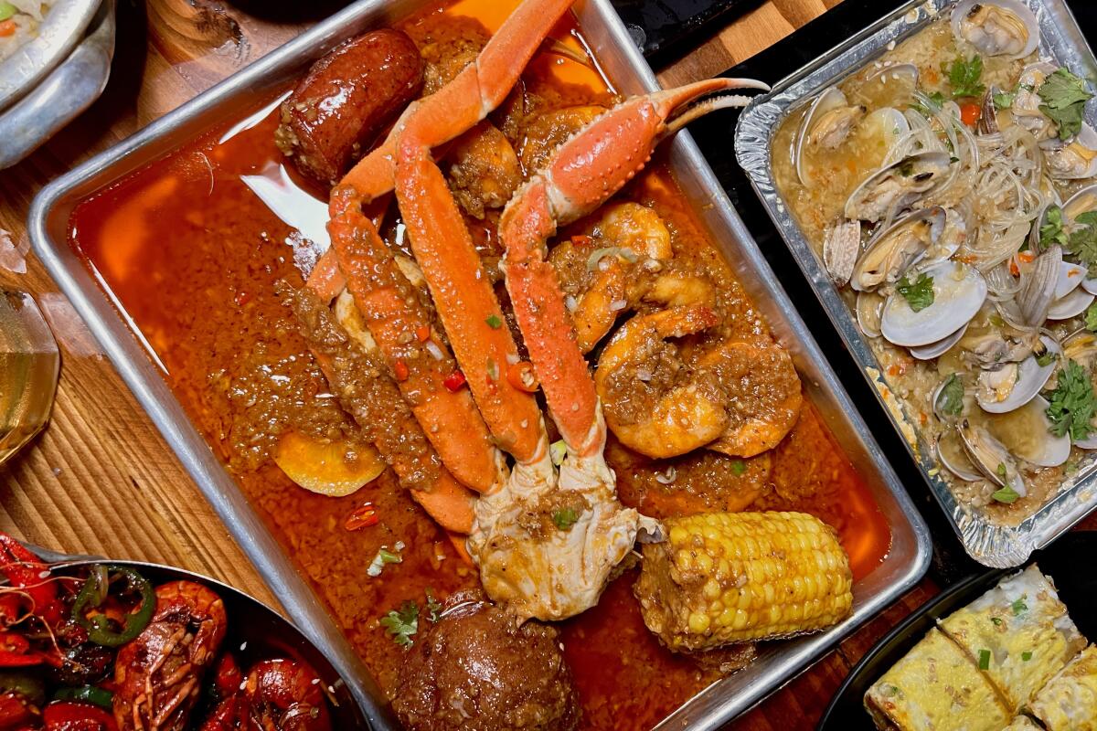 A seafood boil plate from Gao's BBQ and Crab