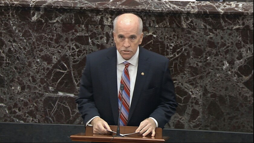 FILE - In this image from video, Senate Sergeant-at-Arms Michael Stenger delivers the proclamation during the impeachment trial against President Donald Trump in the Senate at the U.S. Capitol in Washington, Jan. 27, 2020. Stenger, who served as the U.S. Senate's sergeant-at-arms and resigned after the Jan. 6 insurrection at the Capitol, has died. He was 71. (Senate Television via AP, File)
