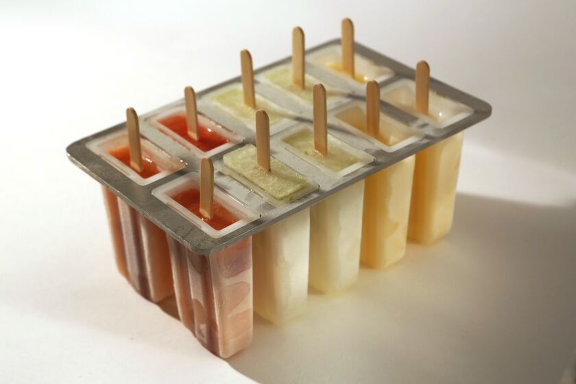 Cocktail popsicles. Left to right: Peach sangria popsicles, Mojito popsicles and Margarita popsicles photographed in the Los Angeles Times studio on August 26, 2015.