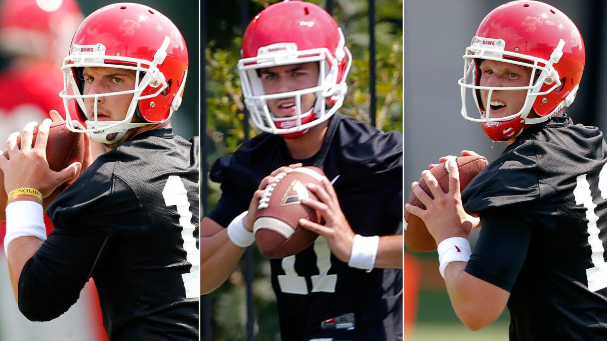 Georgia returns nine starters on offense, but the Bulldogs have yet to decide if (from left) Faton Bauta, Greyson Lambert of Brice Ramsey will be the No. 1 quarterback.