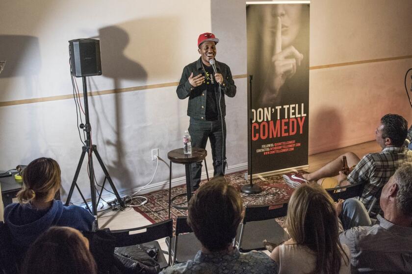 HOLLYWOOD CA MAY 25, 2019 -- Chris Redd, a cast member on Saturday Night Live, does a set during Don't Tell Comedy, a secret comedy show at Tree4ort recording studio in Hollywood on Saturday, May 25, 2019. The comedy series hosts comedy shows without disclosing the location until customers buy their tickets. (Photo by Nick Agro / For The Times)