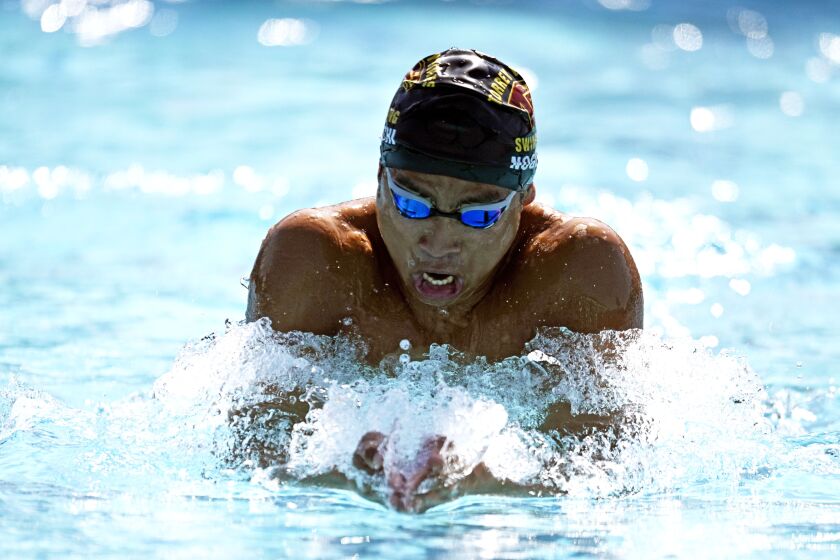 Logan Noguchi swims in the 200 yard IM championship at the CIF swimming championships May, 7, 2022 in at Granite Hills High School in El Cajon, CA. (Photo by Denis Poroy)
