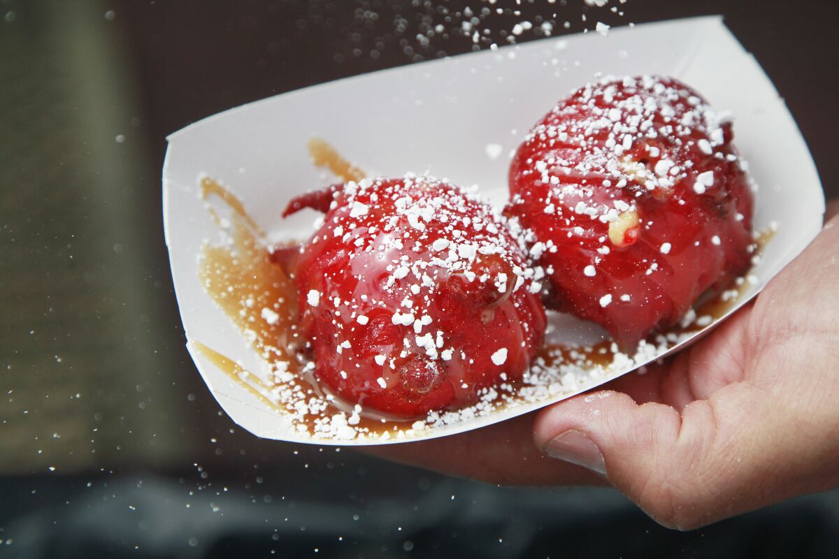 This is Chicken Charlie's new deep-fried creme brûlée, on display for this year's "Wizard of Oz"=themed San Diego County Fair on May 14 in Del Mar, California.