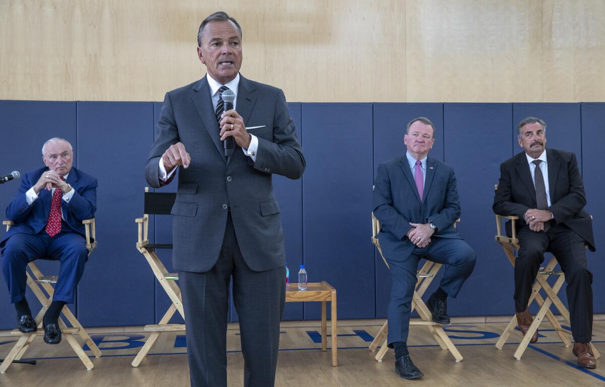 Mayoral candidate Rick Caruso speaking at a campaign event in Encino.