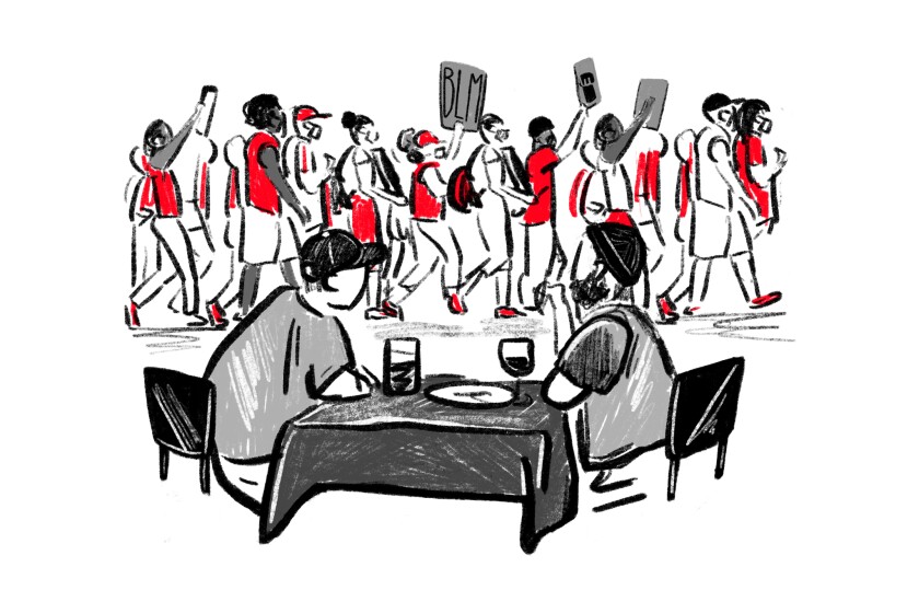 Illustration of diners seated at a table with Black Lives Matter protesters walking past