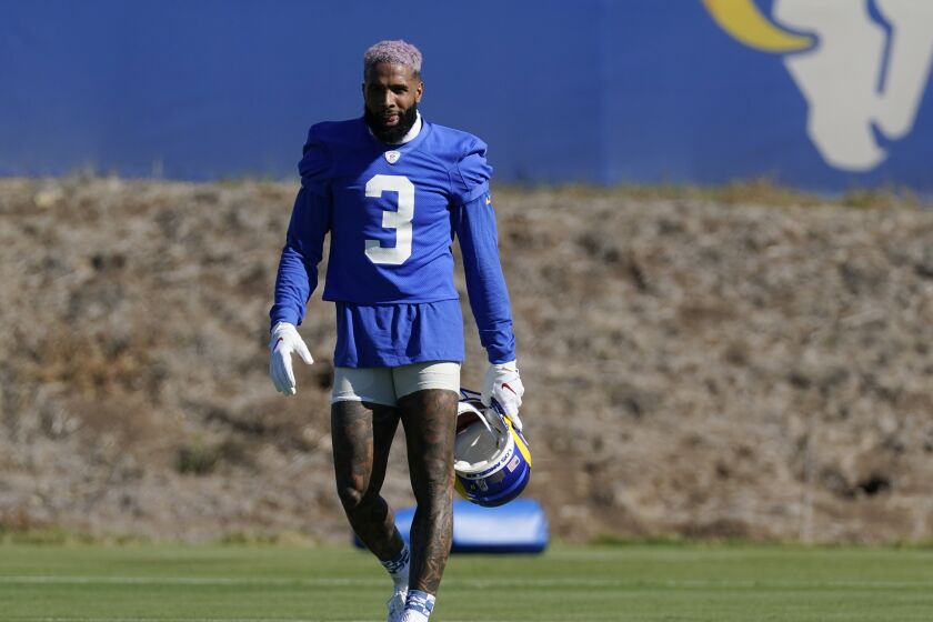 Los Angeles Rams wide receiver Odell Beckham Jr. walks on the field.