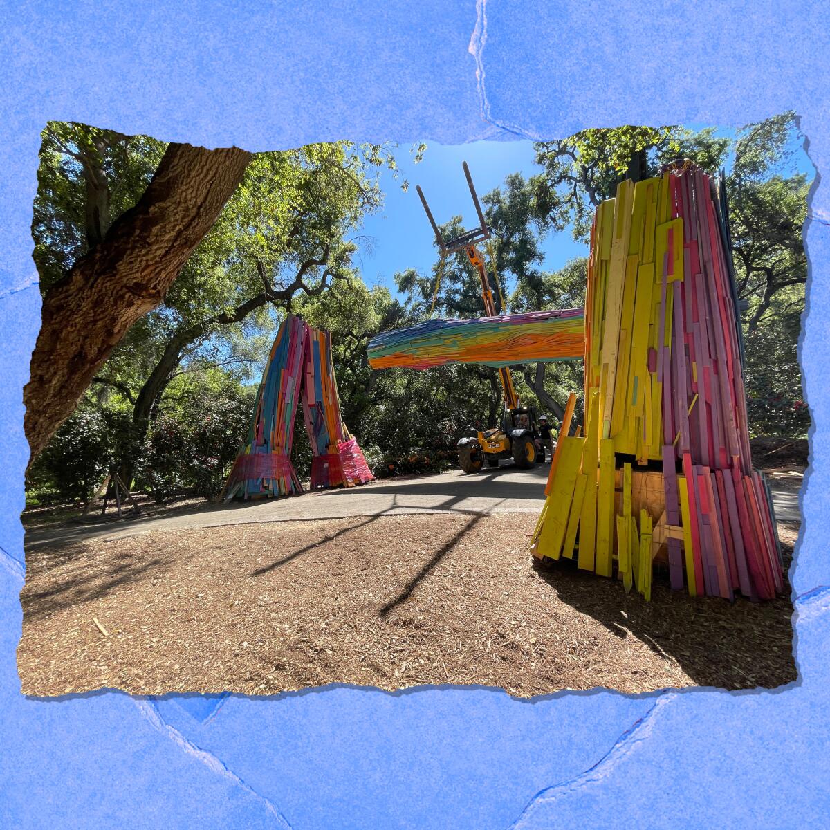 Colorful boards form silos amid trees.