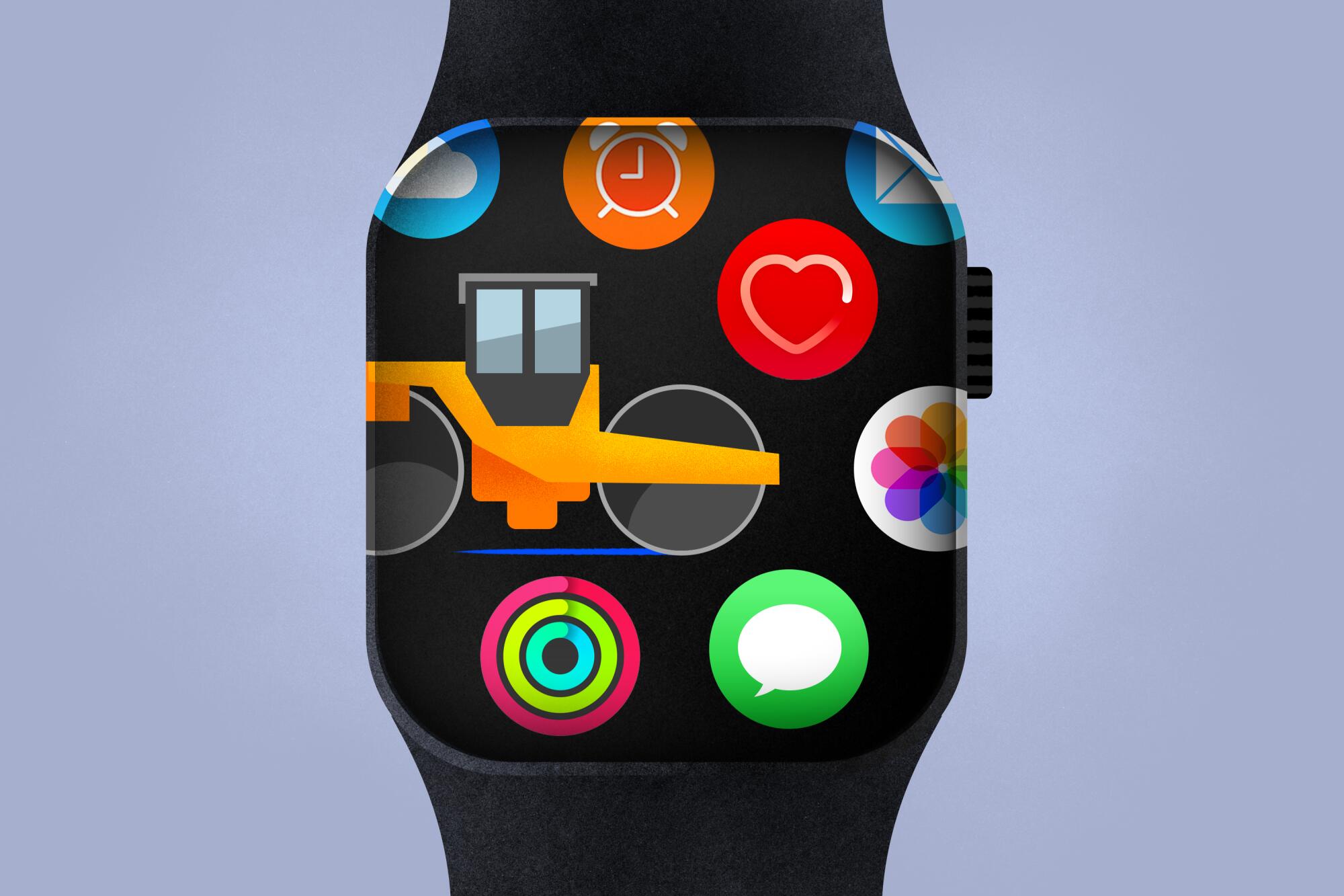 An illustration shows a steamroller amid icons on a smartwatch.