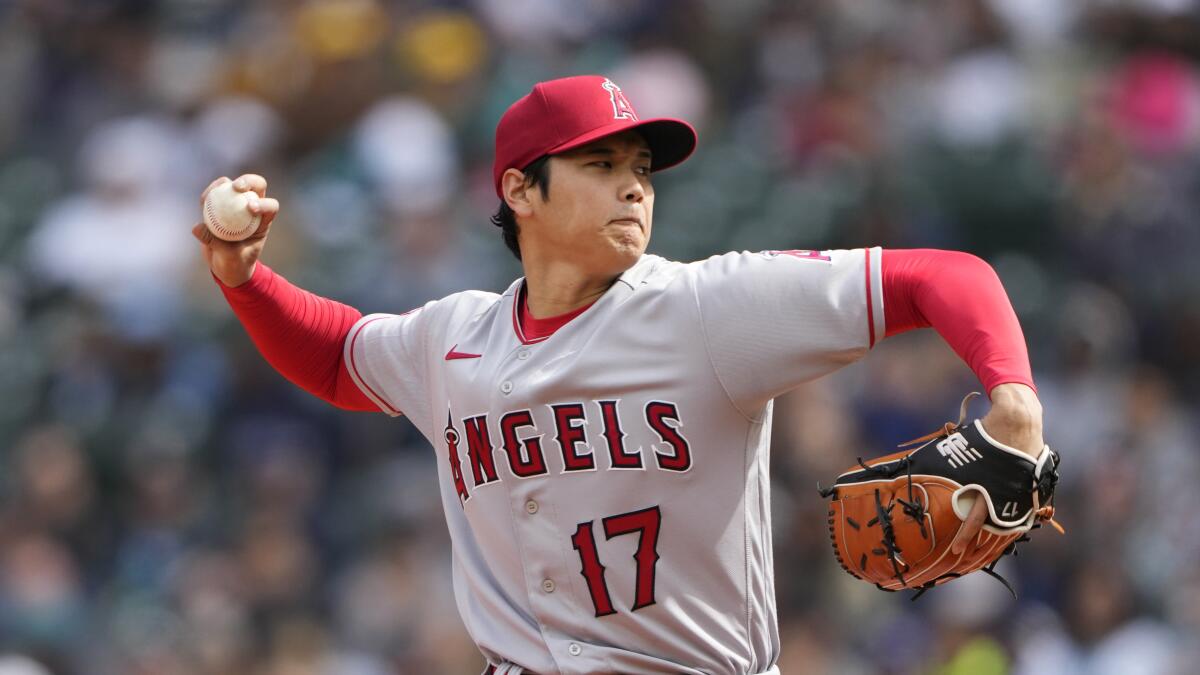 Angels starting pitcher Shohei Ohtani winds up.