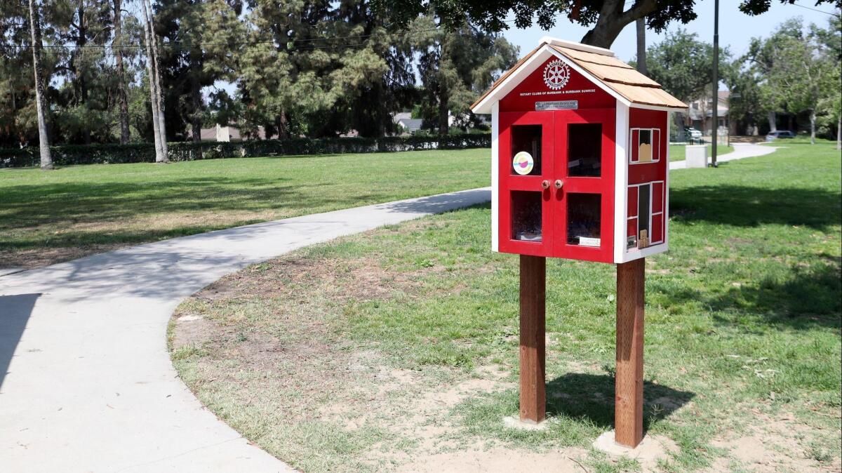 There is a variety of books inside the Mountain View Park Little Free Library on Thursday. The little library was donated by the Burbank Noon and Sunrise Rotary clubs.