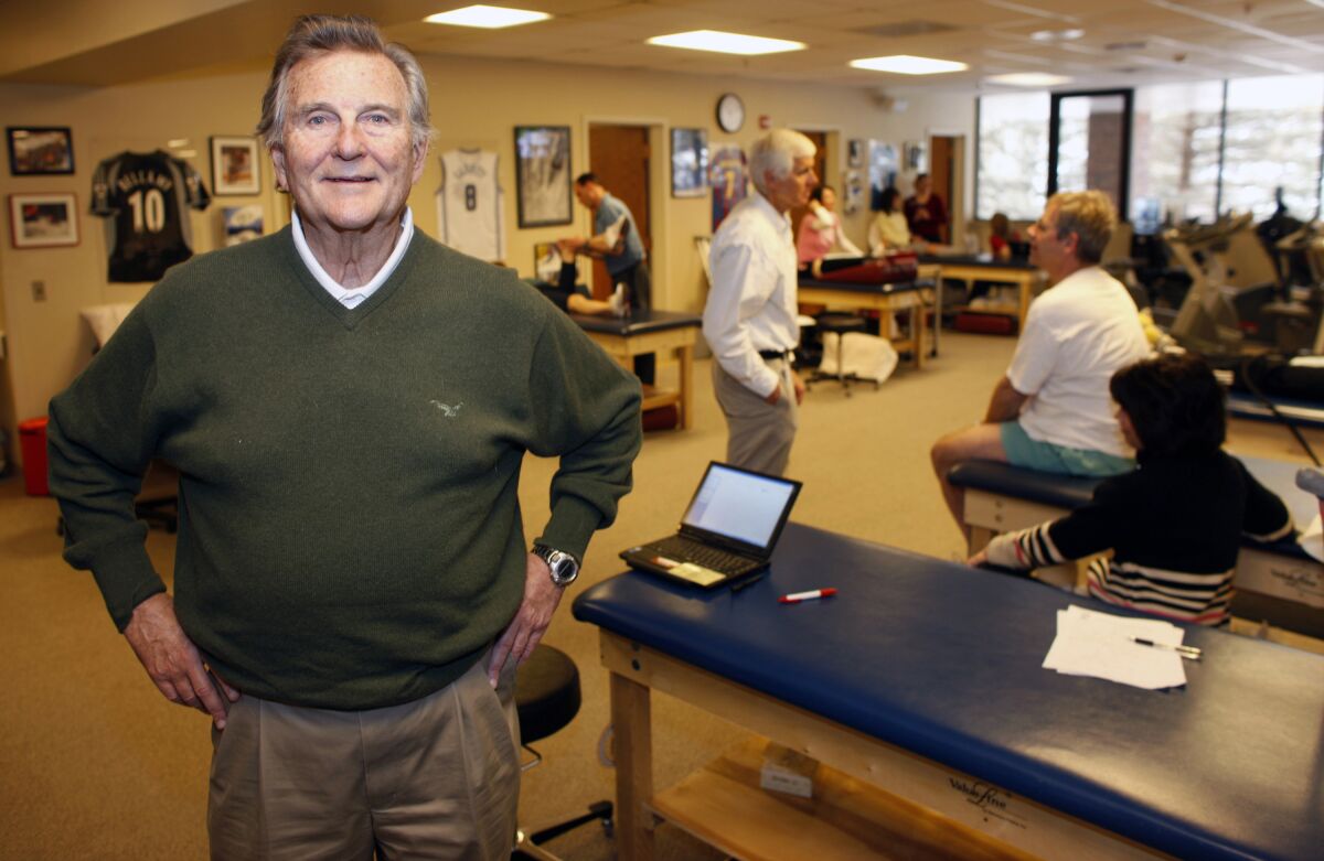 FILE - Dr. Richard Steadman poses in a workout area in the Steadman Hawkins Clinic in the Vail Valley Medical Center in Vail, Colo., March 12, 2009. Steadman, an orthopedic surgeon who founded the renowned Steadman Clinic where many of the world's elite athletes have gone for career-saving treatment, has died at age 85. He died in his sleep Friday, Jan. 20, 2023, at his home in Vail, said Lynda Sampson, vice president of external affairs at the Steadman Clinic and the Steadman Philippon Research Institute. (AP Photo/David Zalubowski, File)